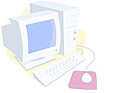 Clip art picture of a computer monitor, tower, keyboard and mouse.